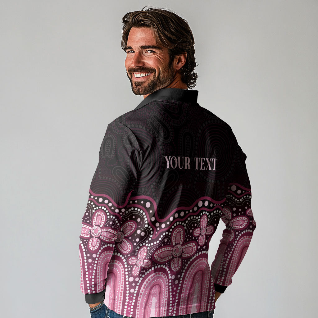 Australia Indigenous Personalized Long Sleeve Polo Shirt Aboriginal Pink Ribbon Art