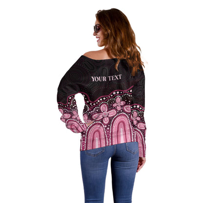 Australia Indigenous Personalized Off Shoulder Sweater Aboriginal Pink Ribbon Art