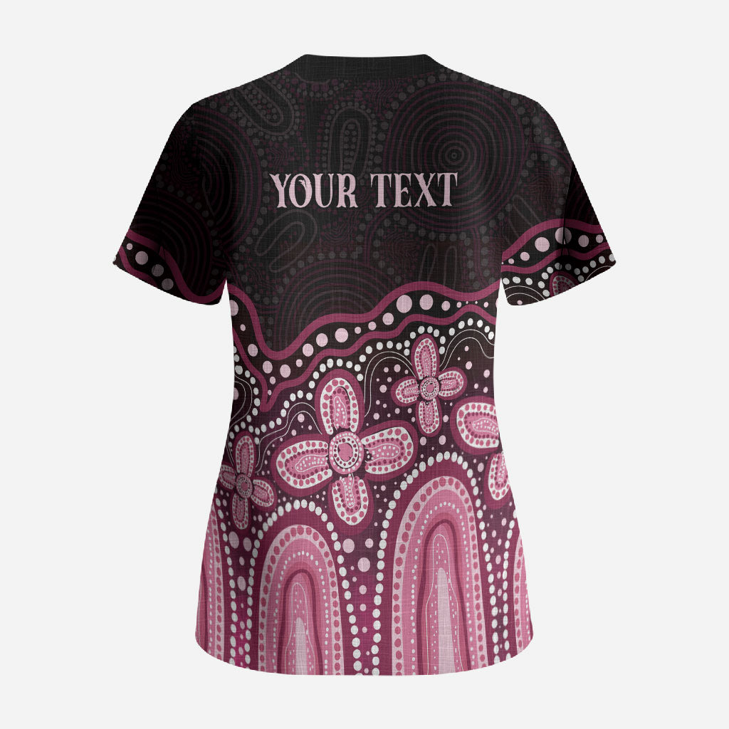 Australia Indigenous Personalized Scrub Top Aboriginal Pink Ribbon Art