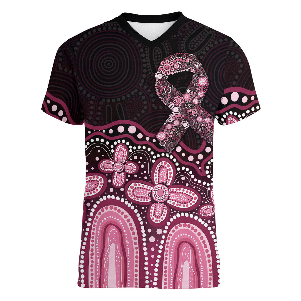Australia Indigenous Personalized Women V-Neck T-Shirt Aboriginal Pink Ribbon Art