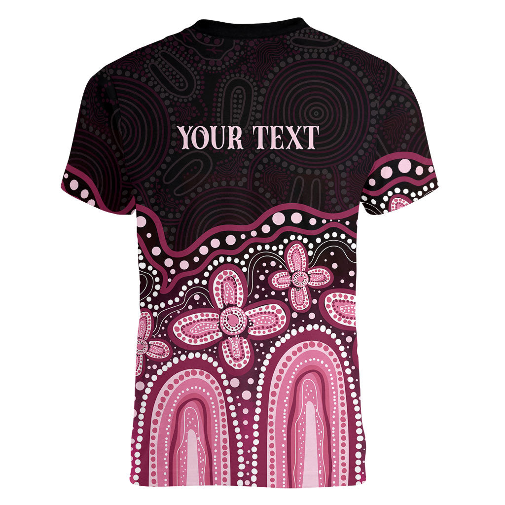 Australia Indigenous Personalized Women V-Neck T-Shirt Aboriginal Pink Ribbon Art