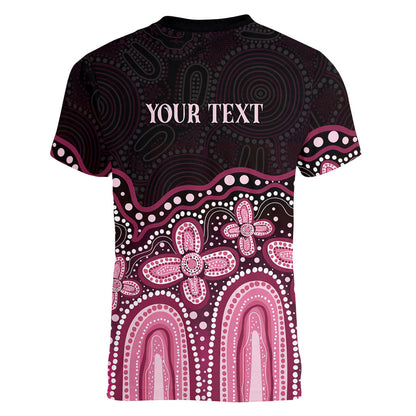 Australia Indigenous Personalized Women V-Neck T-Shirt Aboriginal Pink Ribbon Art