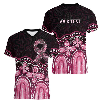 Australia Indigenous Personalized Women V-Neck T-Shirt Aboriginal Pink Ribbon Art