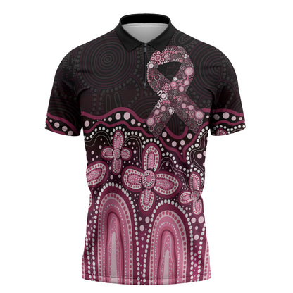 Australia Indigenous Personalized Zipper Polo Shirt Aboriginal Pink Ribbon Art