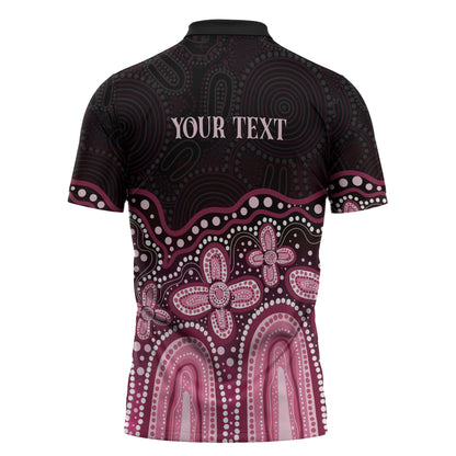 Australia Indigenous Personalized Zipper Polo Shirt Aboriginal Pink Ribbon Art