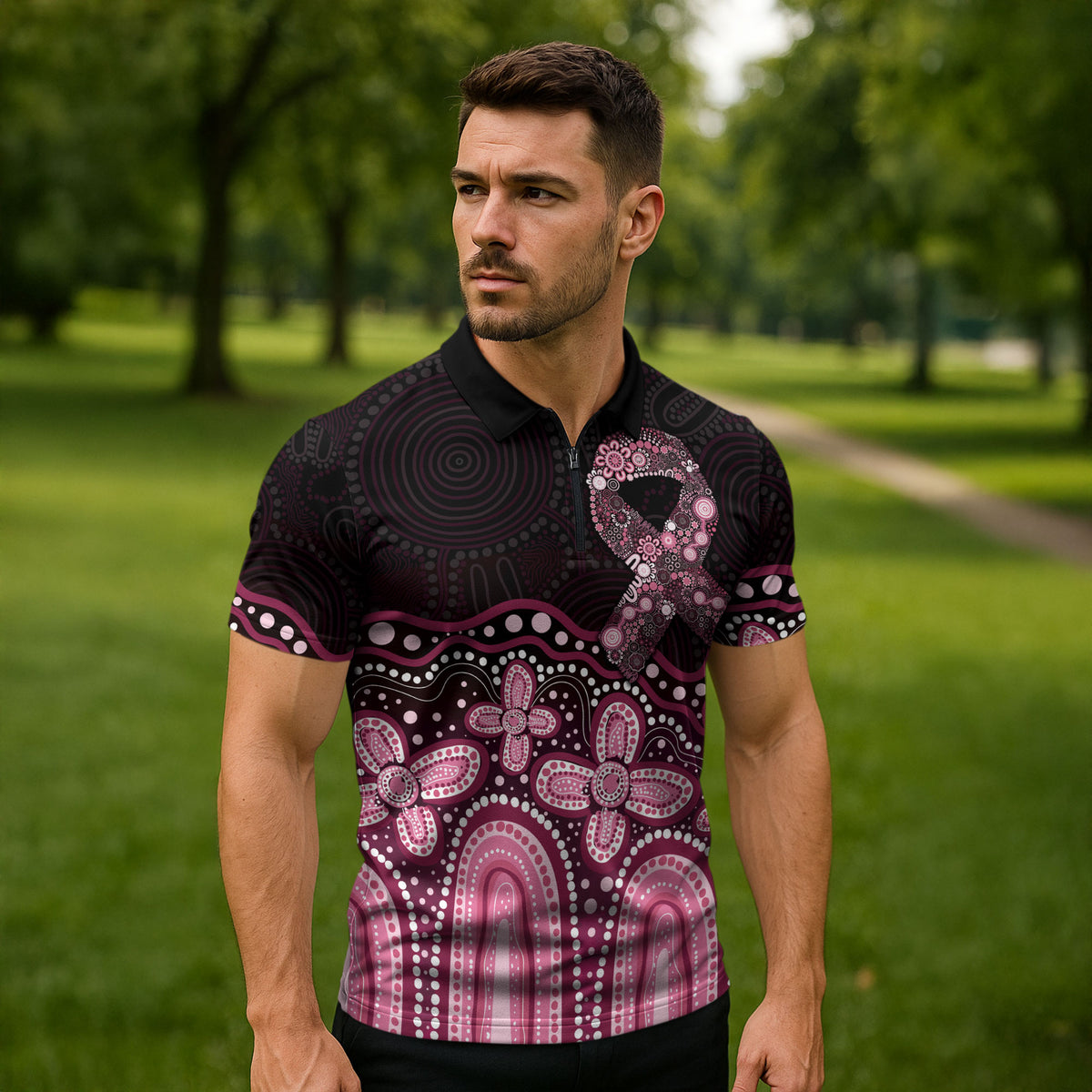 Australia Indigenous Personalized Zipper Polo Shirt Aboriginal Pink Ribbon Art