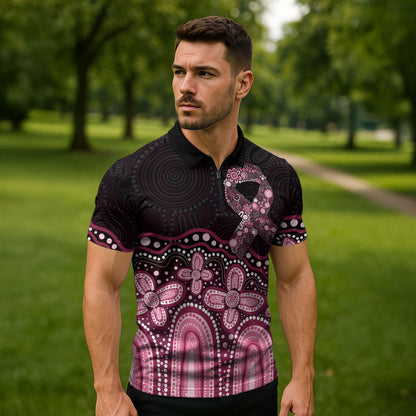 Australia Indigenous Personalized Zipper Polo Shirt Aboriginal Pink Ribbon Art