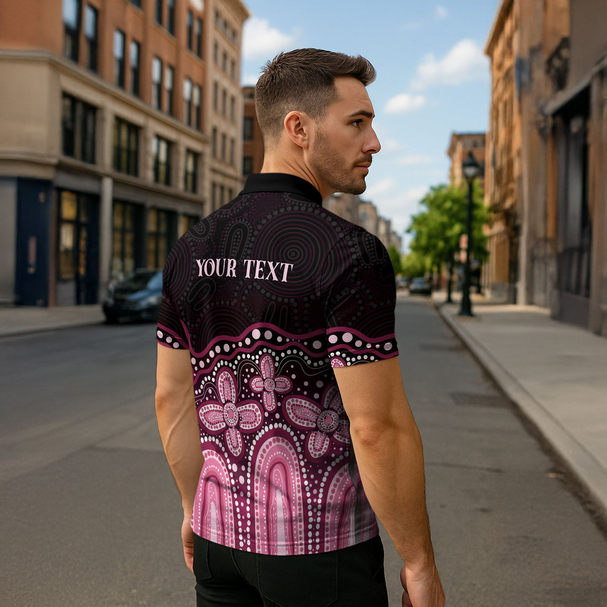 Australia Indigenous Personalized Zipper Polo Shirt Aboriginal Pink Ribbon Art