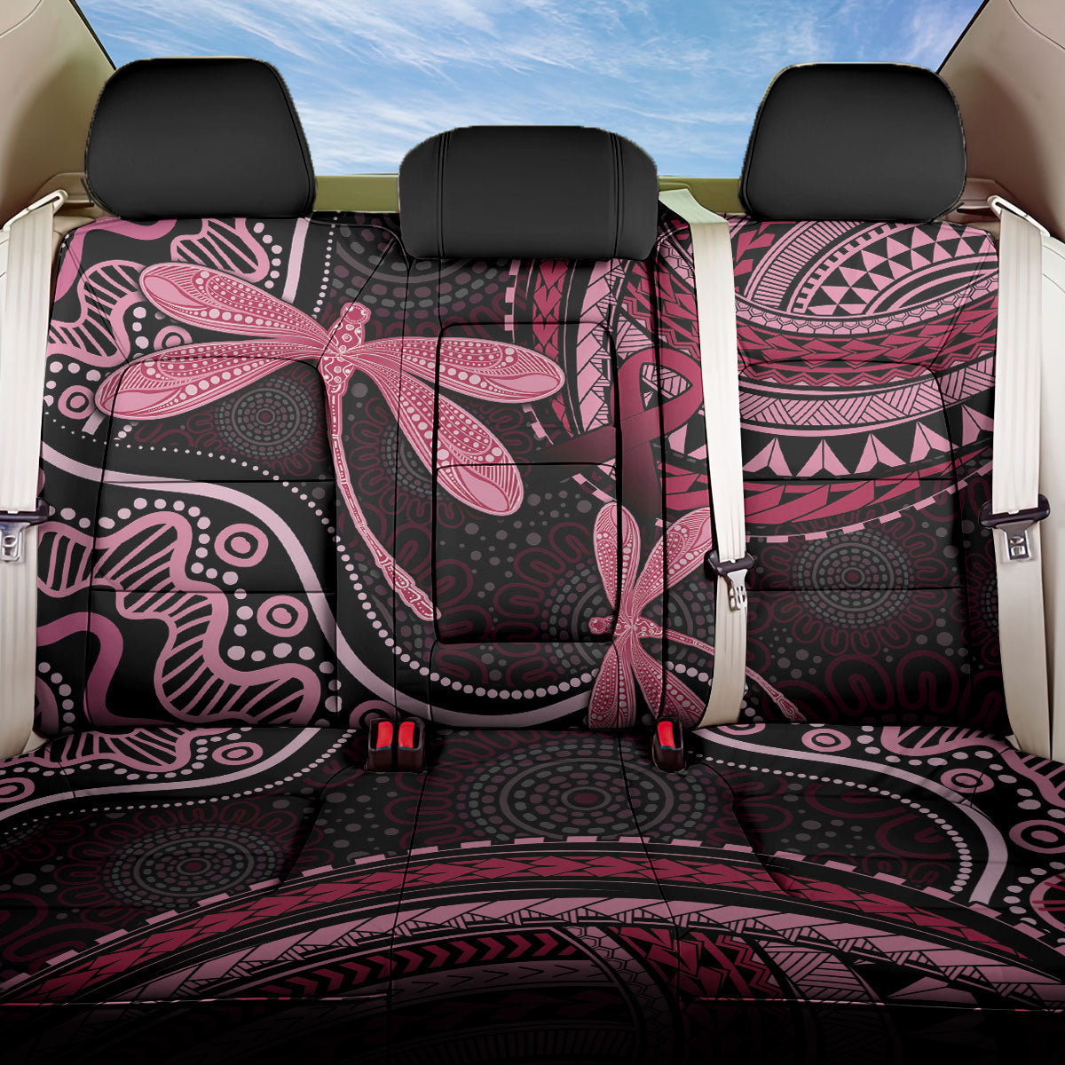 Australia Indigenous Mix Polynesian Back Car Seat Cover Pink Ribbon and Dragonflies