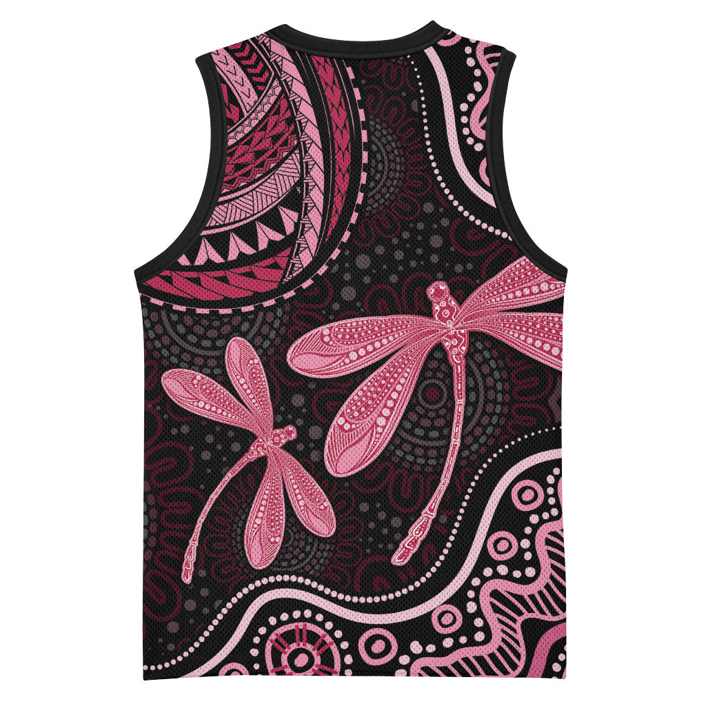 Australia Indigenous Mix Polynesian Basketball Jersey Pink Ribbon and Dragonflies