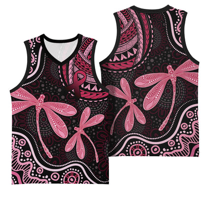 Australia Indigenous Mix Polynesian Basketball Jersey Pink Ribbon and Dragonflies