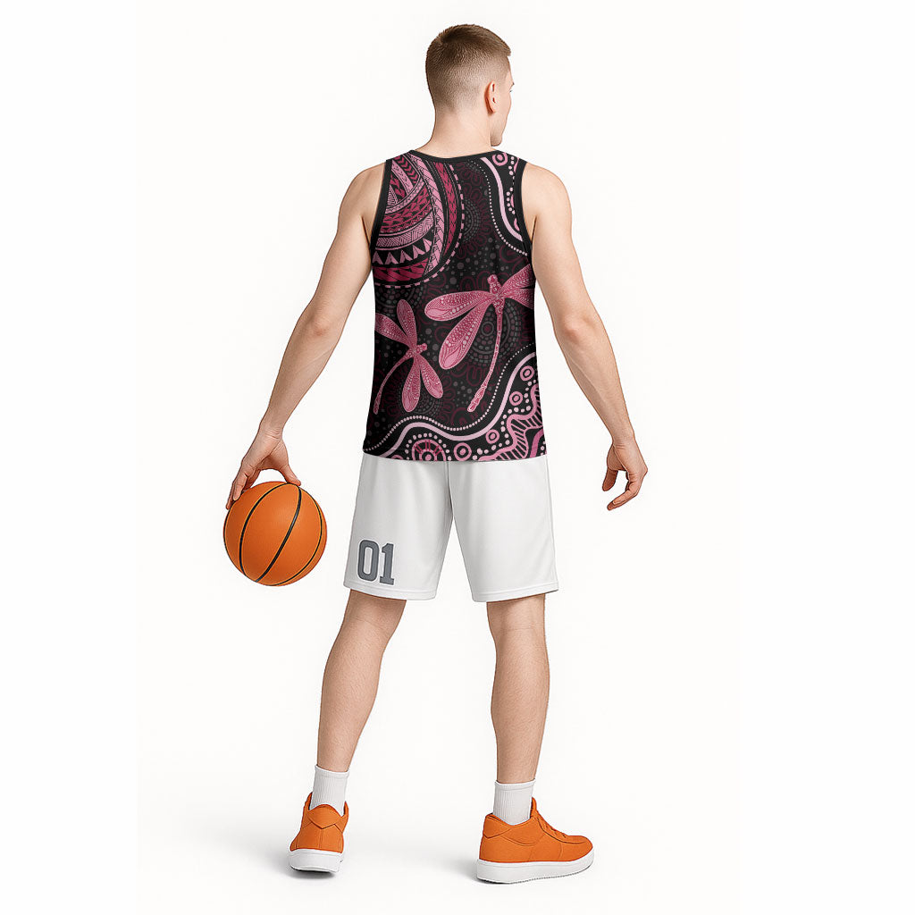 Australia Indigenous Mix Polynesian Basketball Jersey Pink Ribbon and Dragonflies