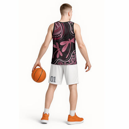 Australia Indigenous Mix Polynesian Basketball Jersey Pink Ribbon and Dragonflies