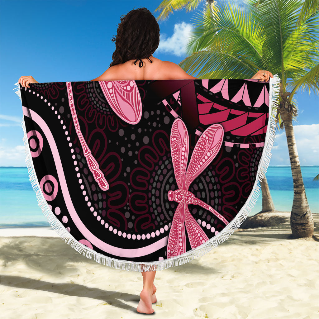 Australia Indigenous Mix Polynesian Beach Blanket Pink Ribbon and Dragonflies