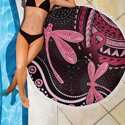 Australia Indigenous Mix Polynesian Beach Blanket Pink Ribbon and Dragonflies
