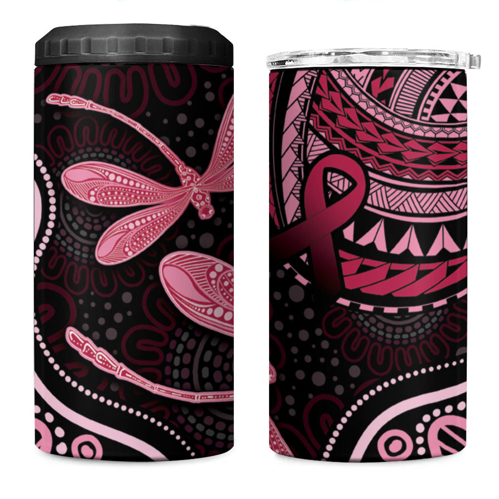 Australia Indigenous Mix Polynesian 4 in 1 Can Cooler Tumbler Pink Ribbon and Dragonflies