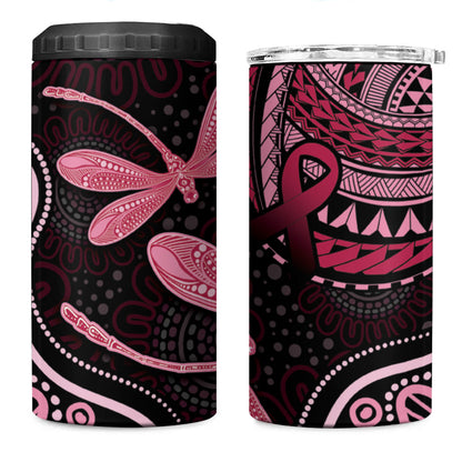 Australia Indigenous Mix Polynesian 4 in 1 Can Cooler Tumbler Pink Ribbon and Dragonflies