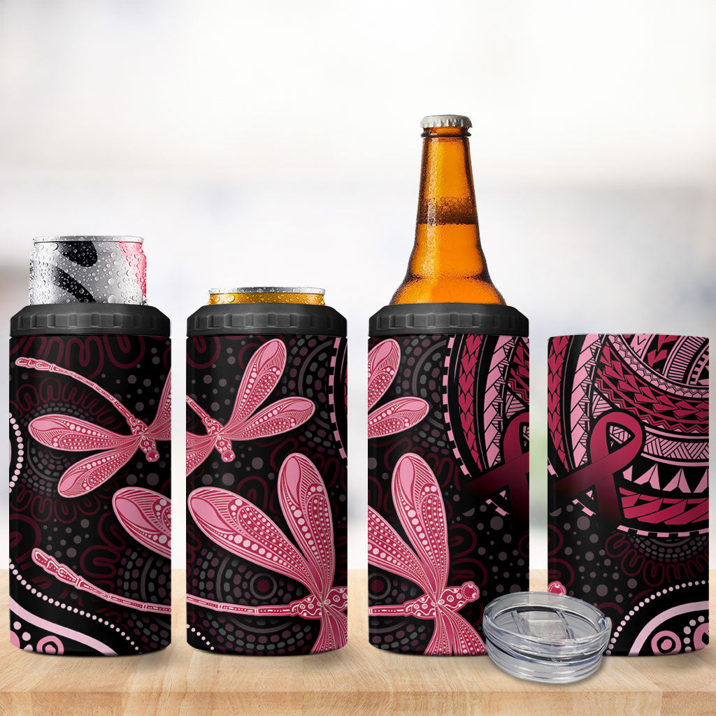 Australia Indigenous Mix Polynesian 4 in 1 Can Cooler Tumbler Pink Ribbon and Dragonflies