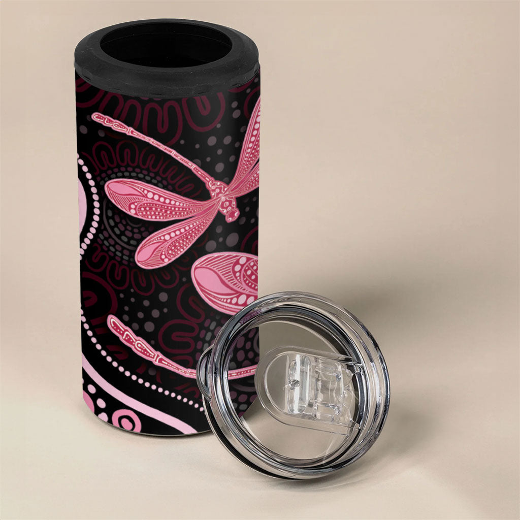 Australia Indigenous Mix Polynesian 4 in 1 Can Cooler Tumbler Pink Ribbon and Dragonflies