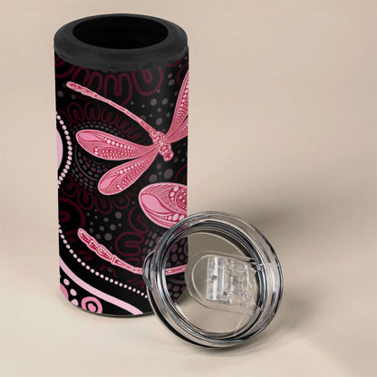 Australia Indigenous Mix Polynesian 4 in 1 Can Cooler Tumbler Pink Ribbon and Dragonflies