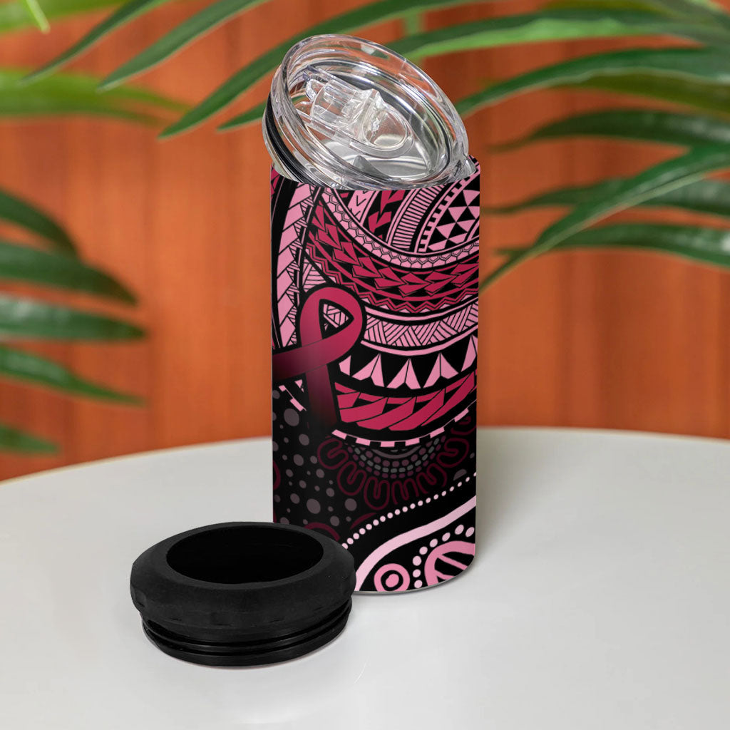Australia Indigenous Mix Polynesian 4 in 1 Can Cooler Tumbler Pink Ribbon and Dragonflies