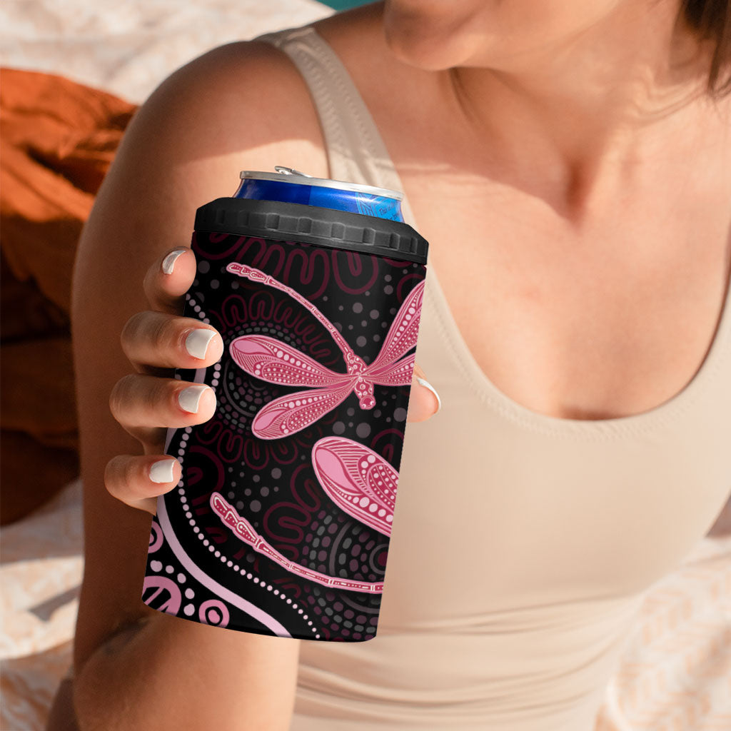 Australia Indigenous Mix Polynesian 4 in 1 Can Cooler Tumbler Pink Ribbon and Dragonflies