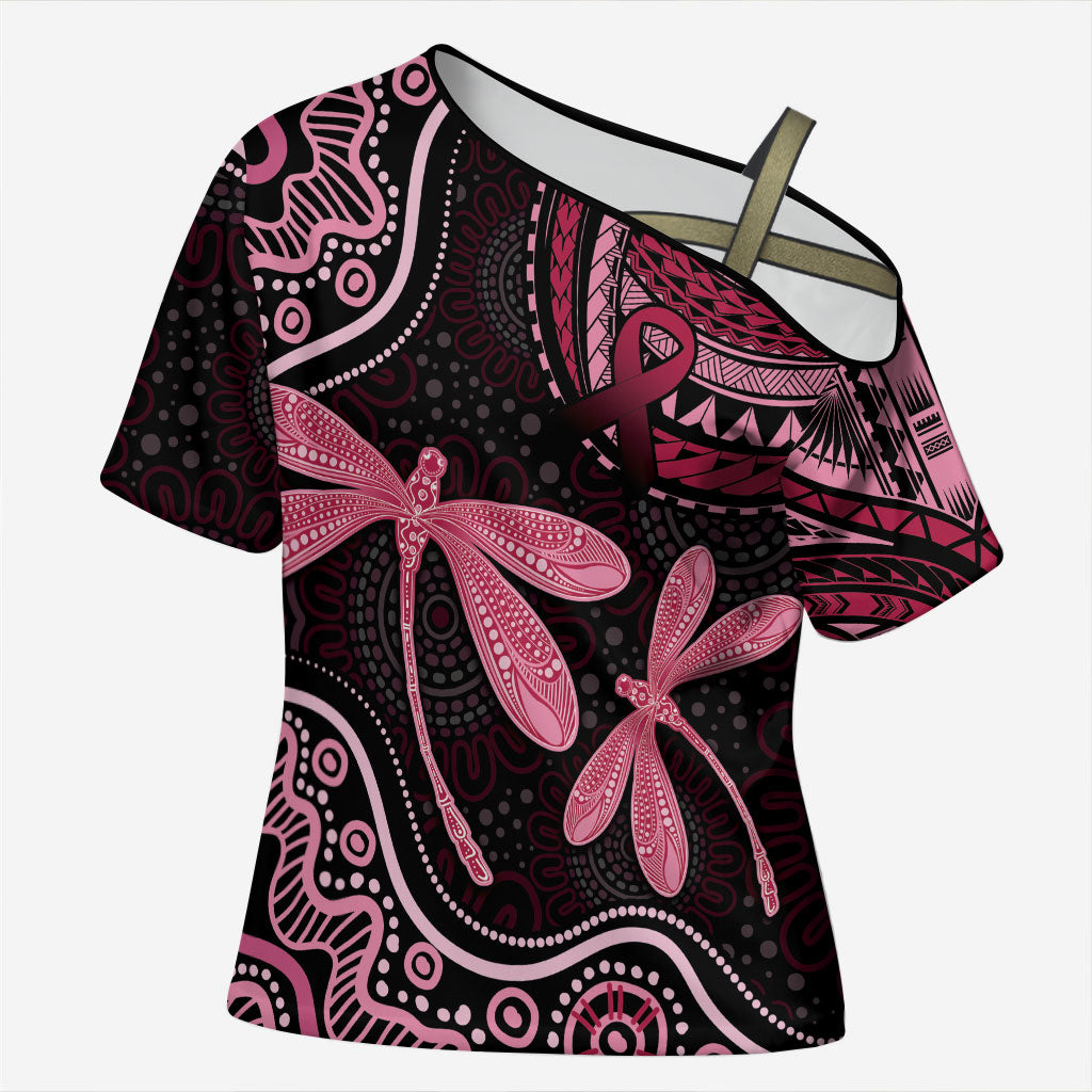 Australia Indigenous Mix Polynesian Cross Shoulder Shirt Pink Ribbon and Dragonflies