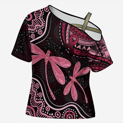 Australia Indigenous Mix Polynesian Cross Shoulder Shirt Pink Ribbon and Dragonflies