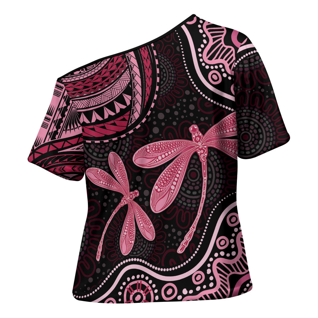 Australia Indigenous Mix Polynesian Cross Shoulder Shirt Pink Ribbon and Dragonflies