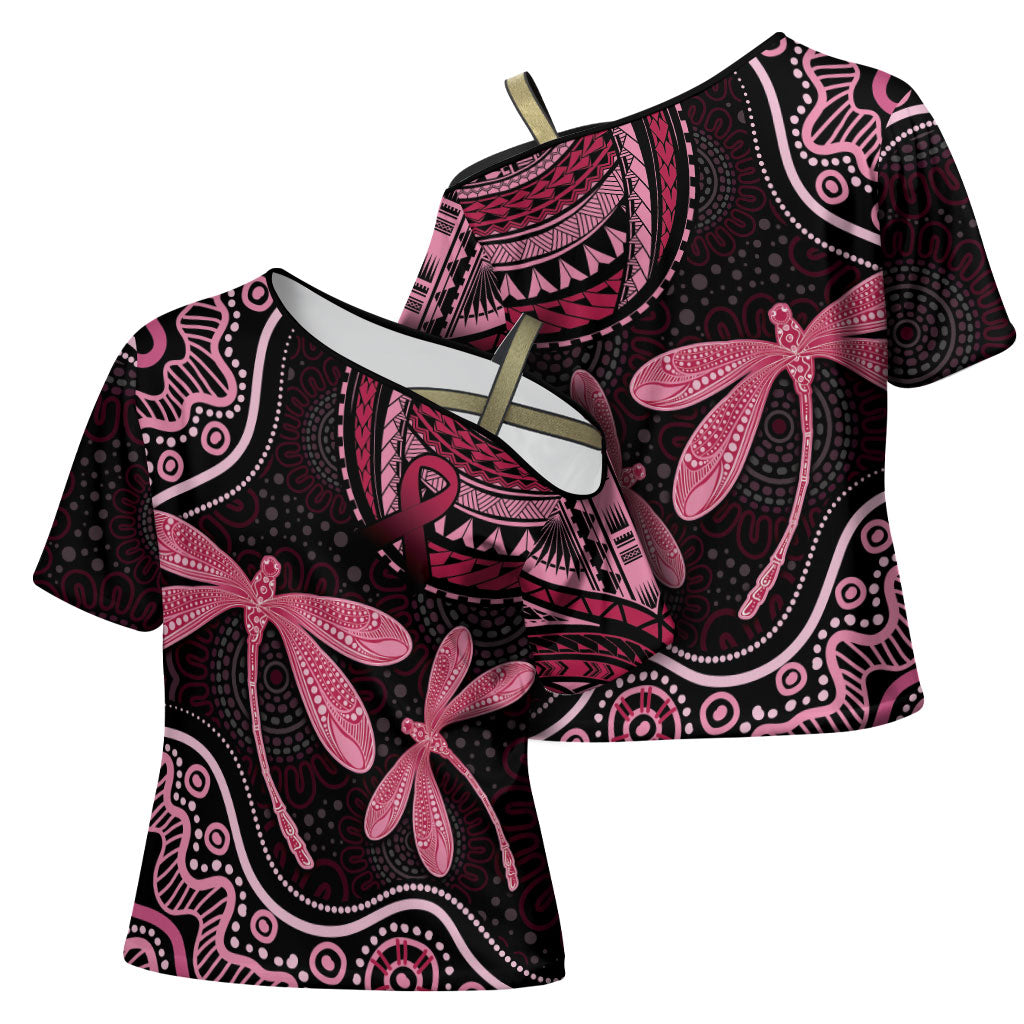 Australia Indigenous Mix Polynesian Cross Shoulder Shirt Pink Ribbon and Dragonflies