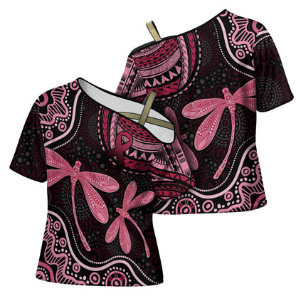 Australia Indigenous Mix Polynesian Cross Shoulder Shirt Pink Ribbon and Dragonflies