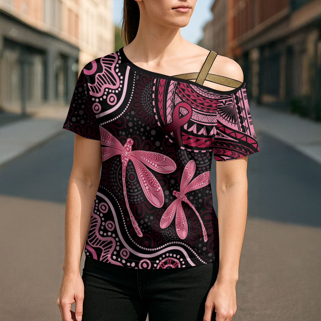 Australia Indigenous Mix Polynesian Cross Shoulder Shirt Pink Ribbon and Dragonflies