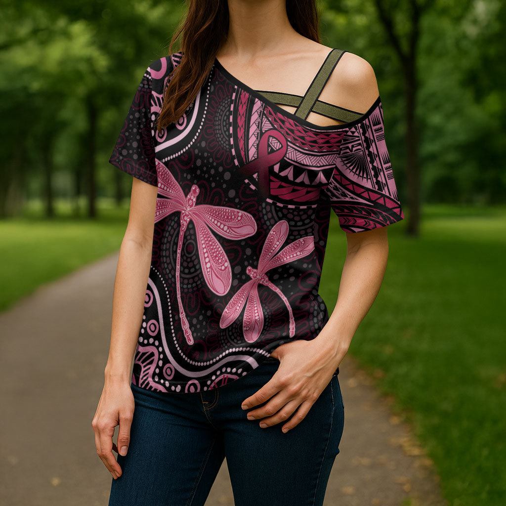 Australia Indigenous Mix Polynesian Cross Shoulder Shirt Pink Ribbon and Dragonflies