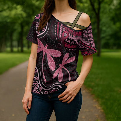 Australia Indigenous Mix Polynesian Cross Shoulder Shirt Pink Ribbon and Dragonflies
