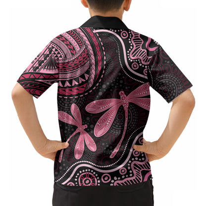 Australia Indigenous Mix Polynesian Hawaiian Shirt Pink Ribbon and Dragonflies