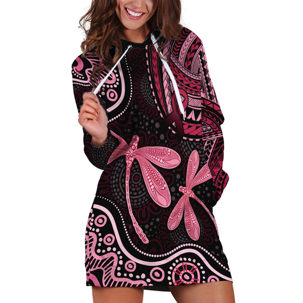 Australia Indigenous Mix Polynesian Hoodie Dress Pink Ribbon and Dragonflies