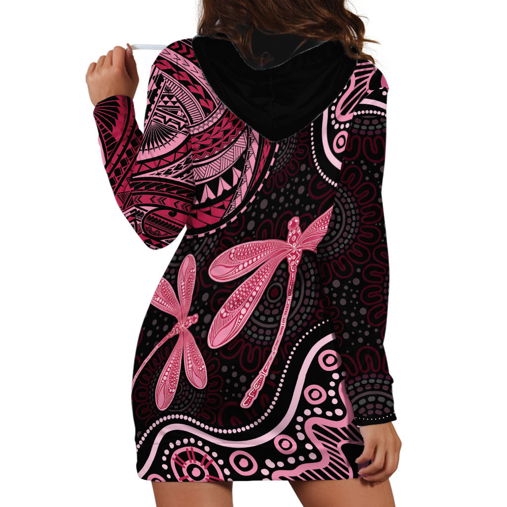 Australia Indigenous Mix Polynesian Hoodie Dress Pink Ribbon and Dragonflies