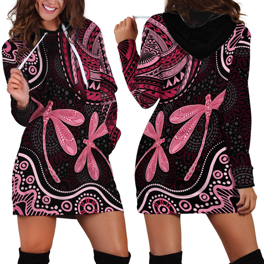 Australia Indigenous Mix Polynesian Hoodie Dress Pink Ribbon and Dragonflies