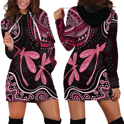 Australia Indigenous Mix Polynesian Hoodie Dress Pink Ribbon and Dragonflies