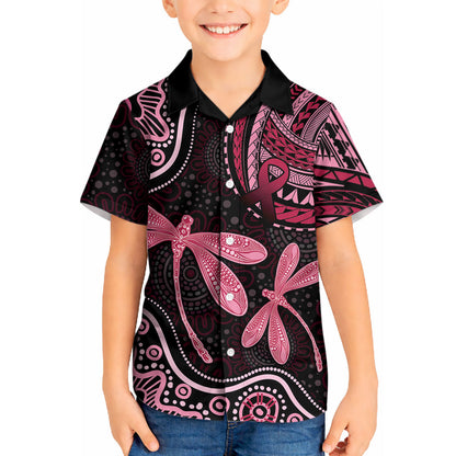 Australia Indigenous Mix Polynesian Kid Hawaiian Shirt Pink Ribbon and Dragonflies