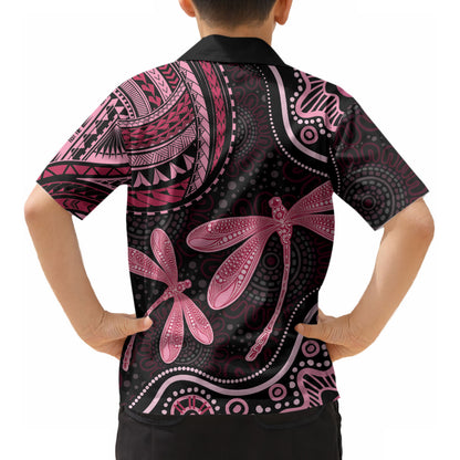 Australia Indigenous Mix Polynesian Kid Hawaiian Shirt Pink Ribbon and Dragonflies