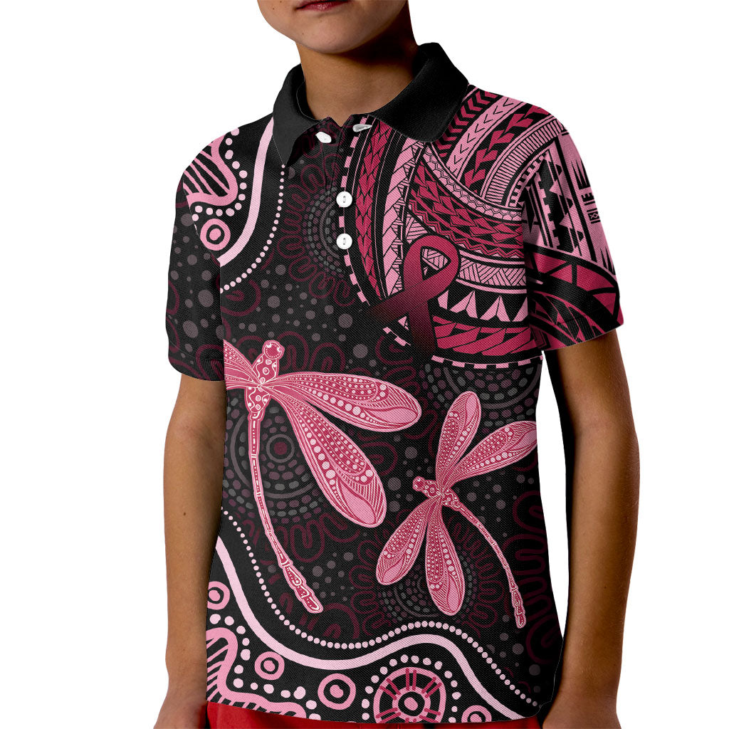 Australia Indigenous Mix Polynesian Kid Polo Shirt Pink Ribbon and Dragonflies