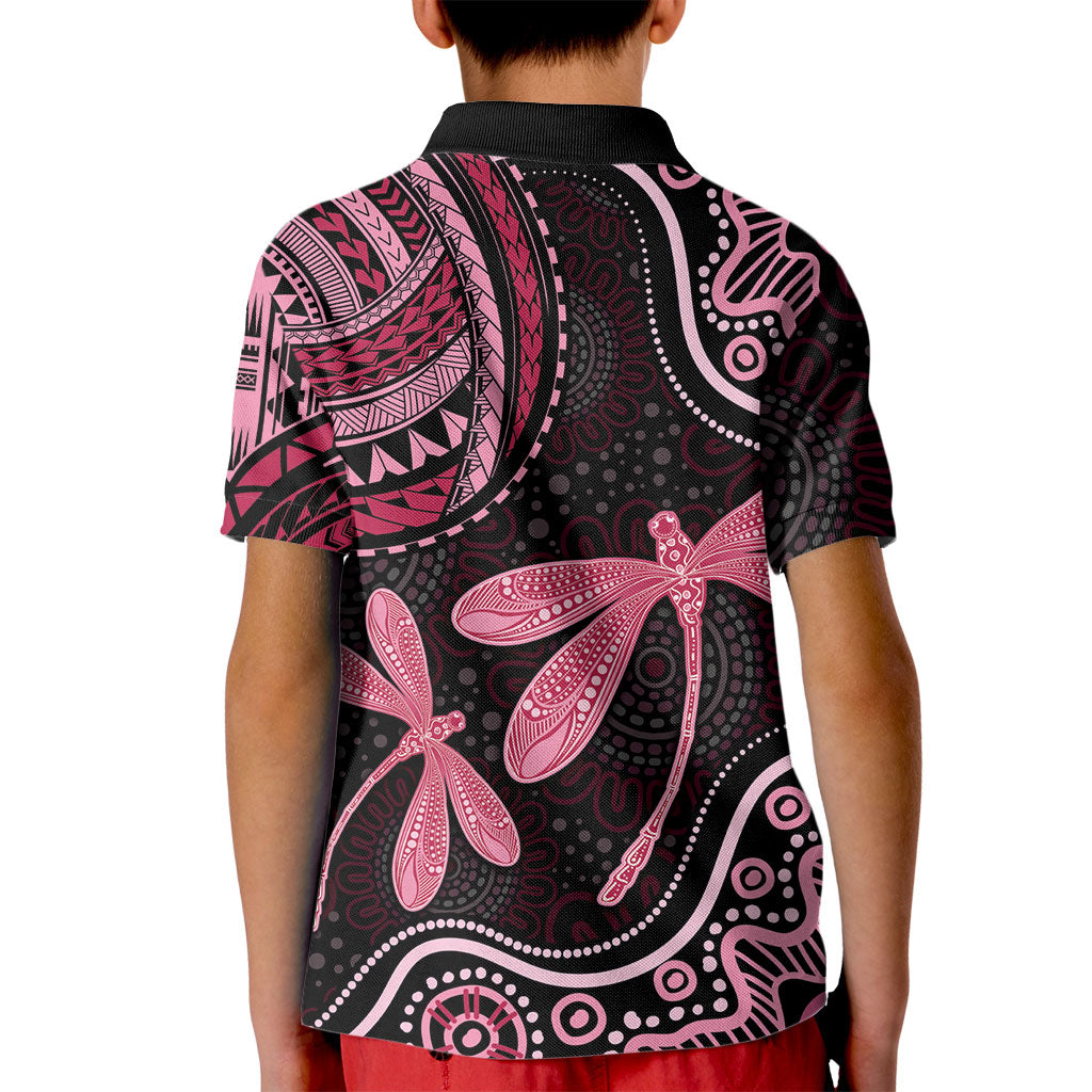 Australia Indigenous Mix Polynesian Kid Polo Shirt Pink Ribbon and Dragonflies