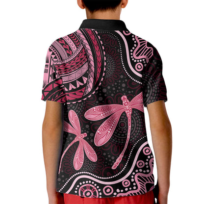 Australia Indigenous Mix Polynesian Kid Polo Shirt Pink Ribbon and Dragonflies