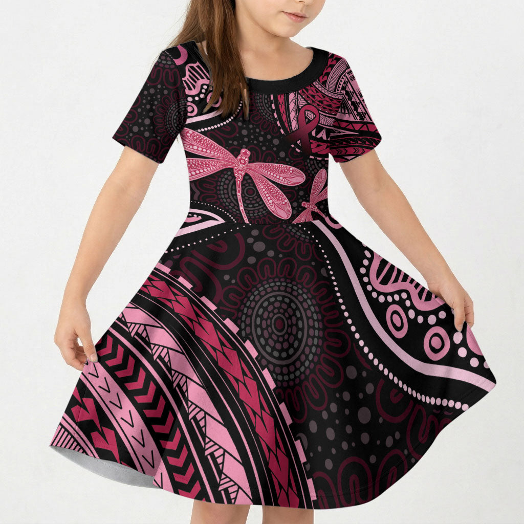 Australia Indigenous Mix Polynesian Kid Short Sleeve Dress Pink Ribbon and Dragonflies