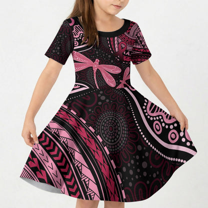 Australia Indigenous Mix Polynesian Kid Short Sleeve Dress Pink Ribbon and Dragonflies