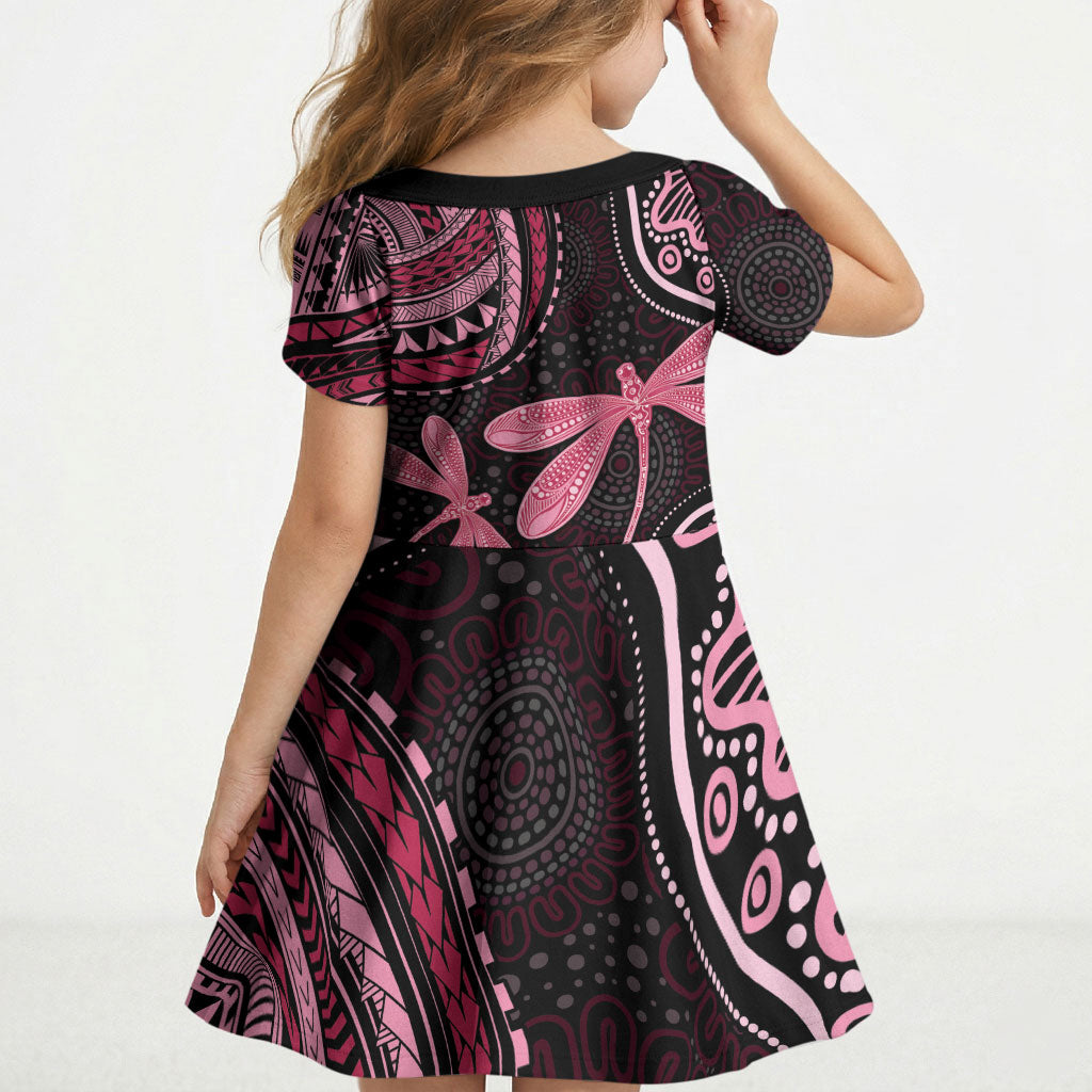 Australia Indigenous Mix Polynesian Kid Short Sleeve Dress Pink Ribbon and Dragonflies