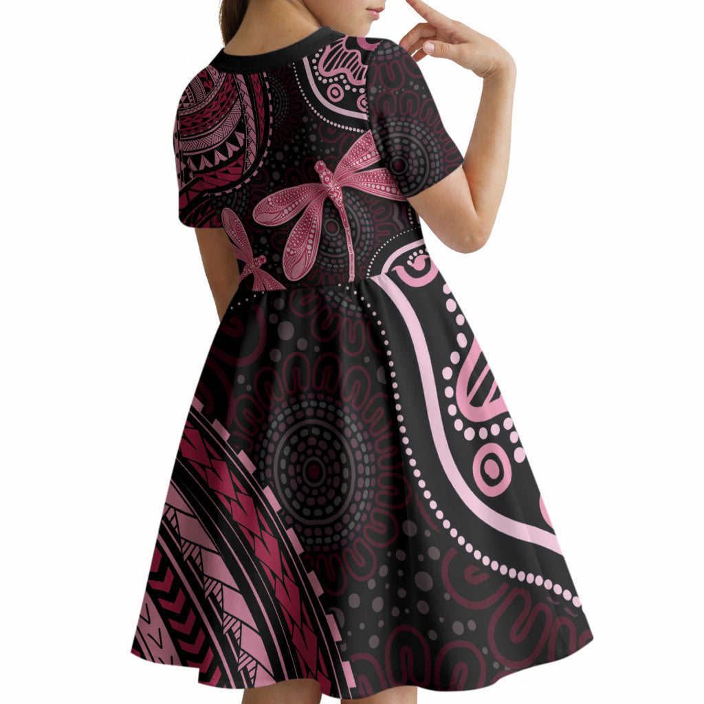 Australia Indigenous Mix Polynesian Kid Short Sleeve Dress Pink Ribbon and Dragonflies