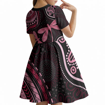 Australia Indigenous Mix Polynesian Kid Short Sleeve Dress Pink Ribbon and Dragonflies