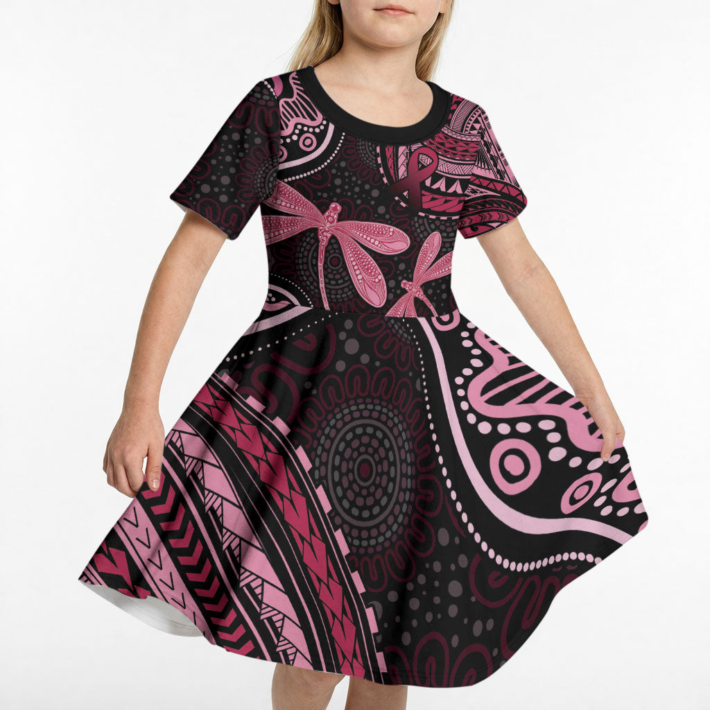 Australia Indigenous Mix Polynesian Kid Short Sleeve Dress Pink Ribbon and Dragonflies